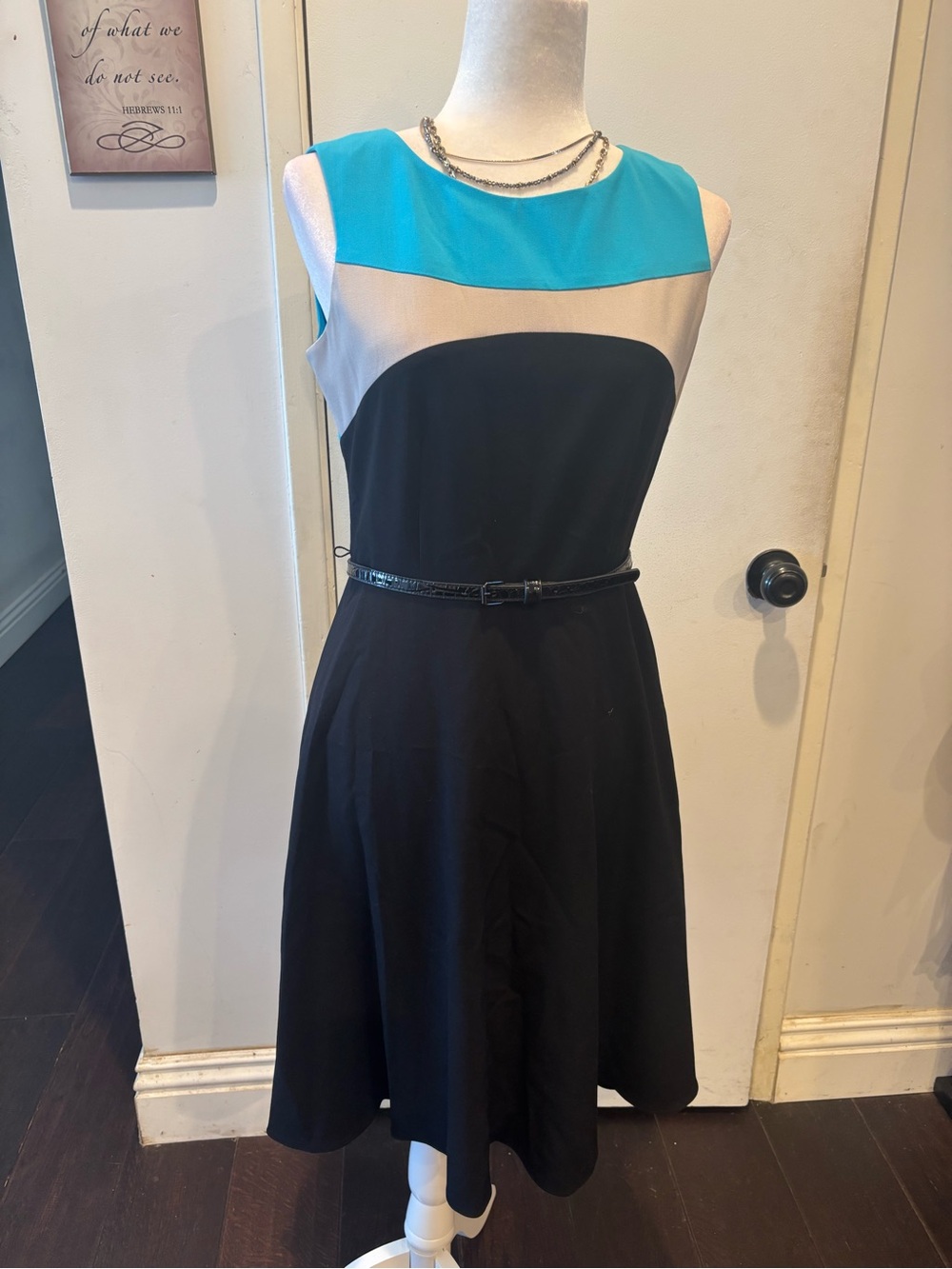 Calvin Klein Sleeveless Colorblock Fit-and-Flare Dress in Teal, Cream & Black
